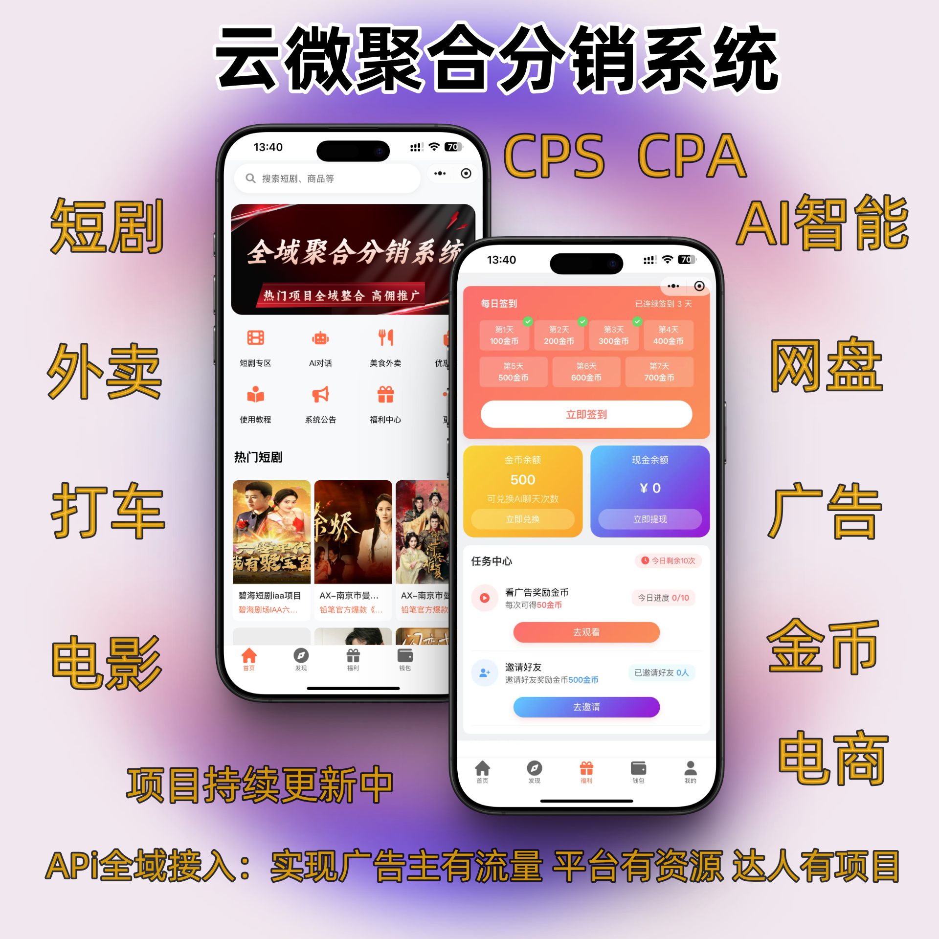 聚合分销系统——带AI智能体的短剧外卖淘客电商cps拉新cpa业务app推广系统源码